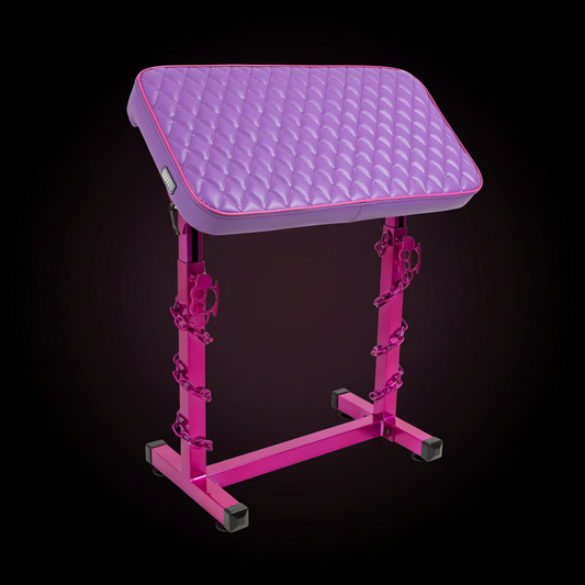 Purple pink Tattoo Armrest XXL FAT BOY by GG Workshop — rhombus stitched pillow, pink frame with chain accents