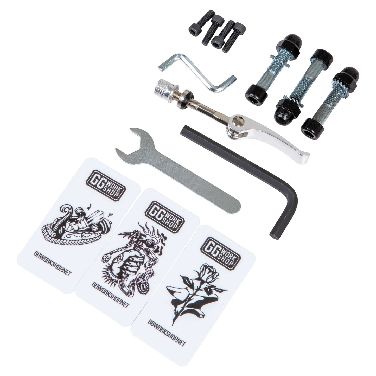 tattoo armrest parts kit including wrench, screws, and vinyl tattoo pillow samples.