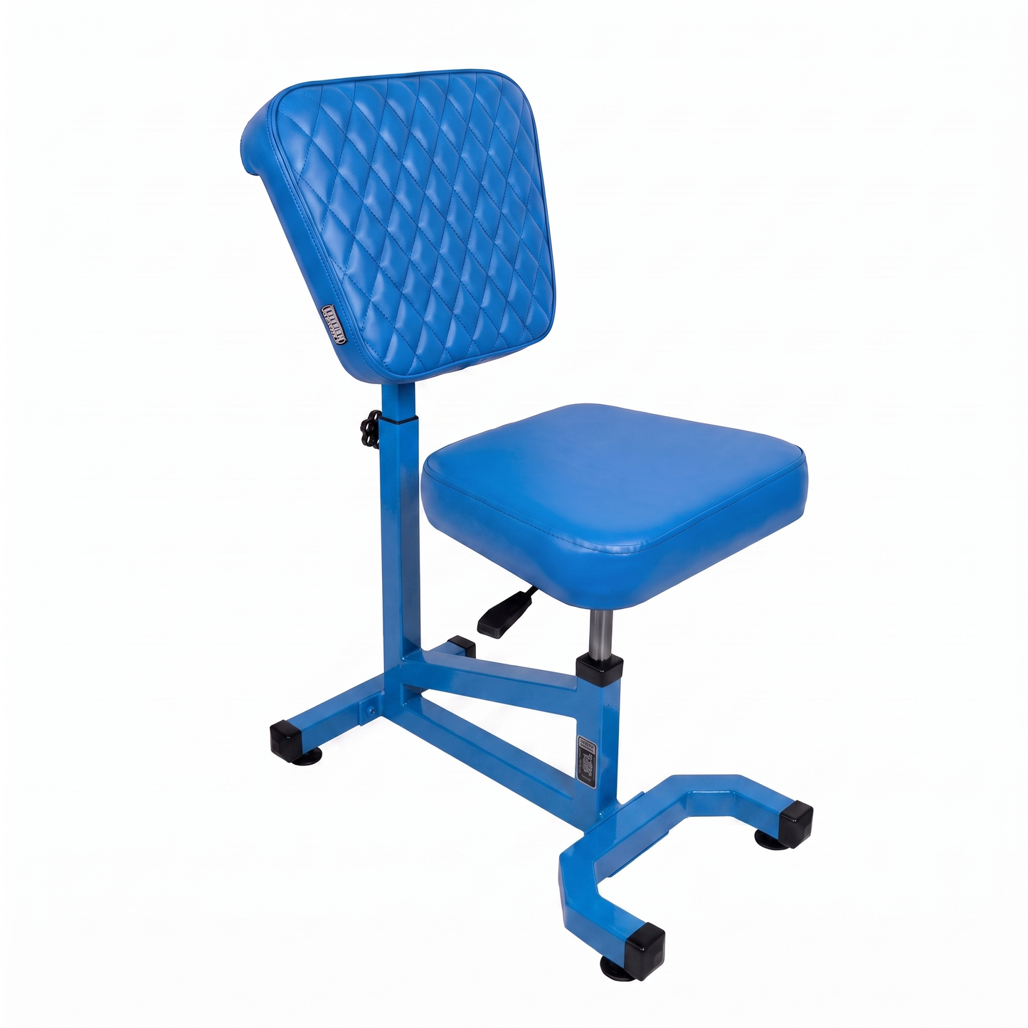 Wave blue Multifunctional Swivel Chair with Armrest by GG Workshop — rhombus stitched backrest, frame painted in matching blue, three-quarter view