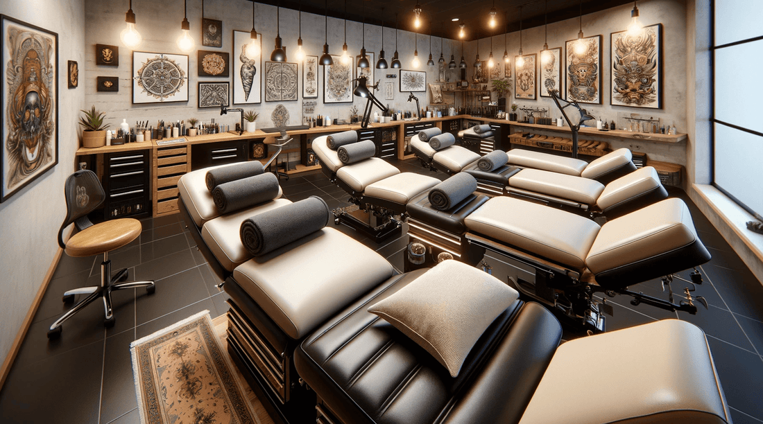 A custom tattoo parlor with a team of artists working on various designs, a large workspace, and a variety of tattoo equipment