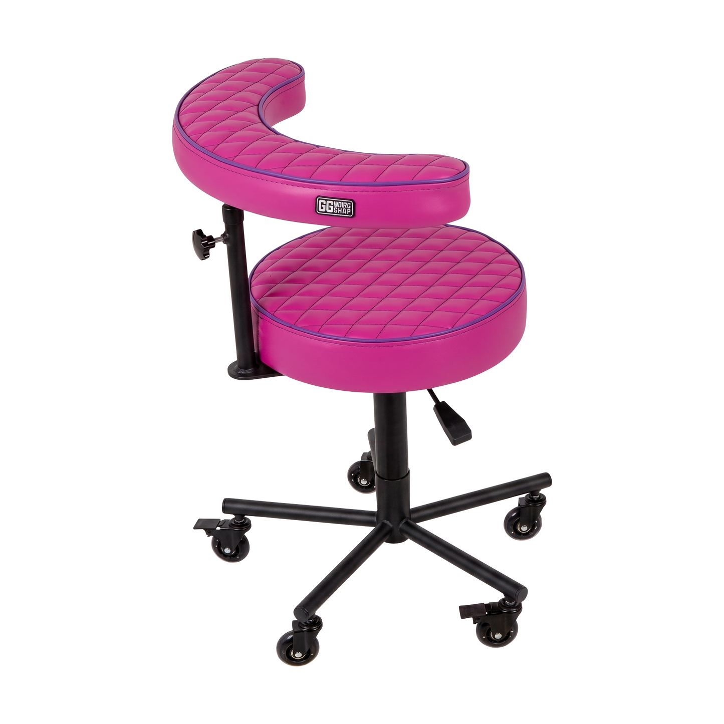 Pink purple Tattoo Artist Chair V3 by GG Workshop — magenta rhombus cushions with purple piping and black powder-coated frame, side view