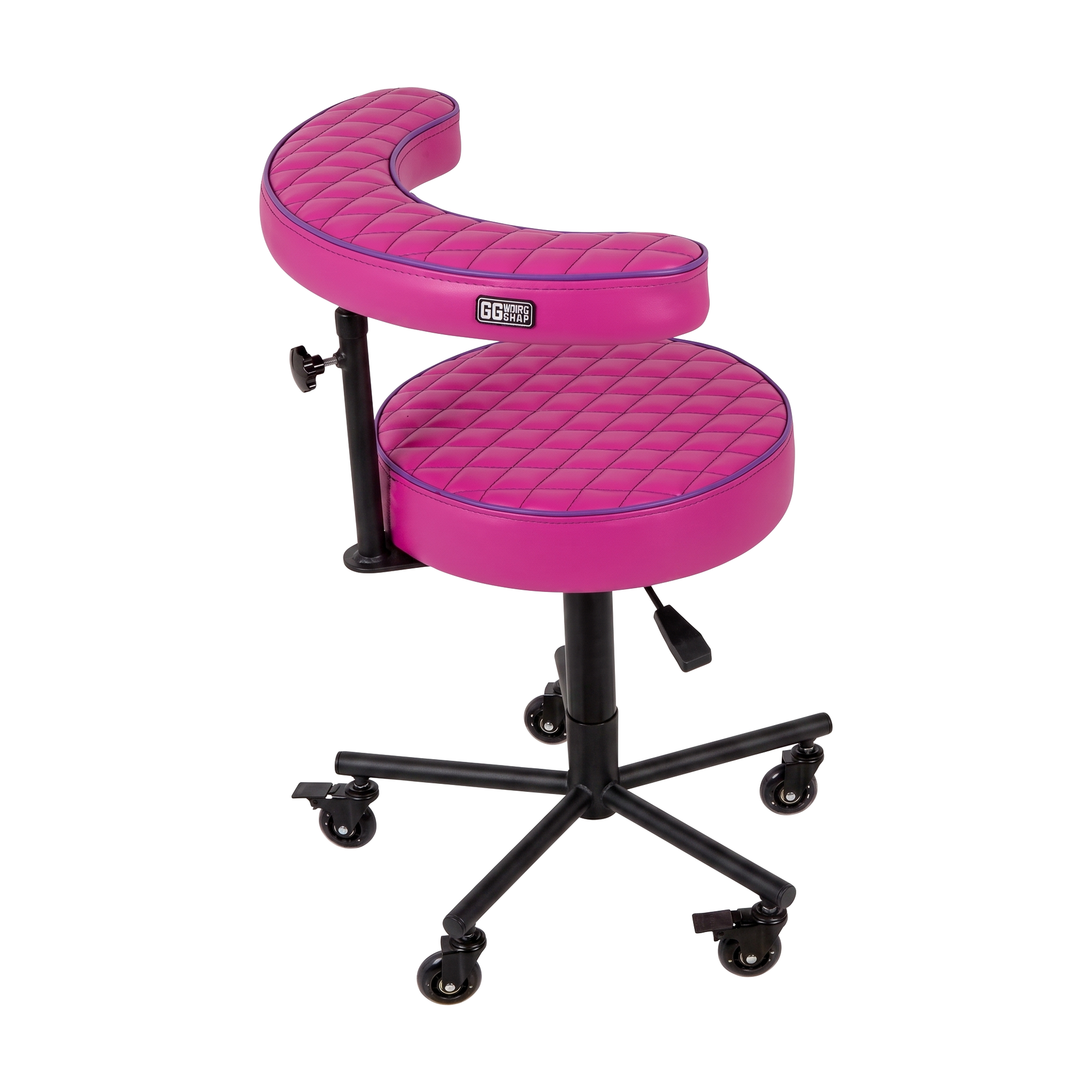 Pink purple Tattoo Artist Chair V3 by GG Workshop — magenta rhombus cushions with purple piping and black powder-coated frame, side view