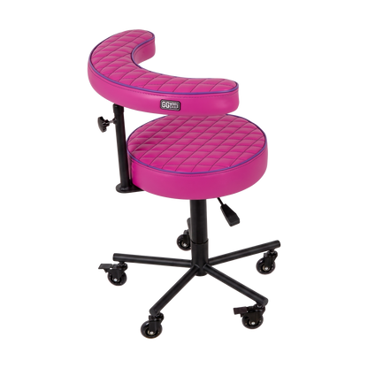 Pink purple Tattoo Artist Chair V3 by GG Workshop — magenta rhombus cushions with purple piping and black powder-coated frame, side view