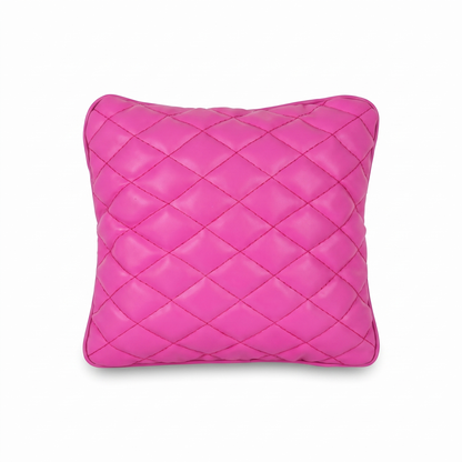 Max Pink Tattoo XL square pillow with rhombus embroidery by GG Workshop — diamond-quilted, isolated on white background