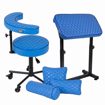 Wave blue GG Workshop bundle — rhombus stitched armrest XXL FAT BOY, artist chair and pillow set, black powder-coated frames