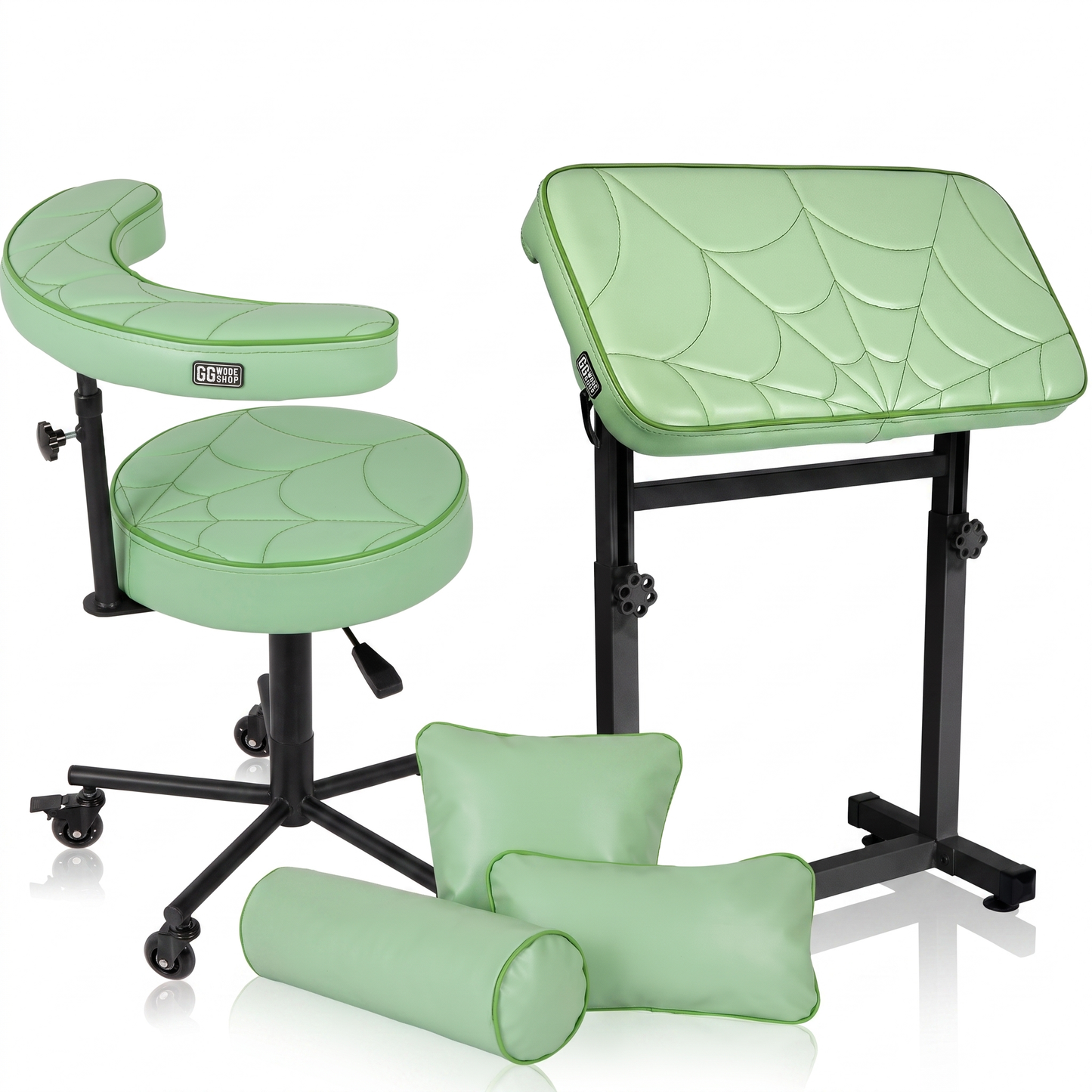 Pistachio green GG Workshop bundle — spider web stitched armrest XXL FAT BOY, artist chair and pillow set, black powder-coated frames