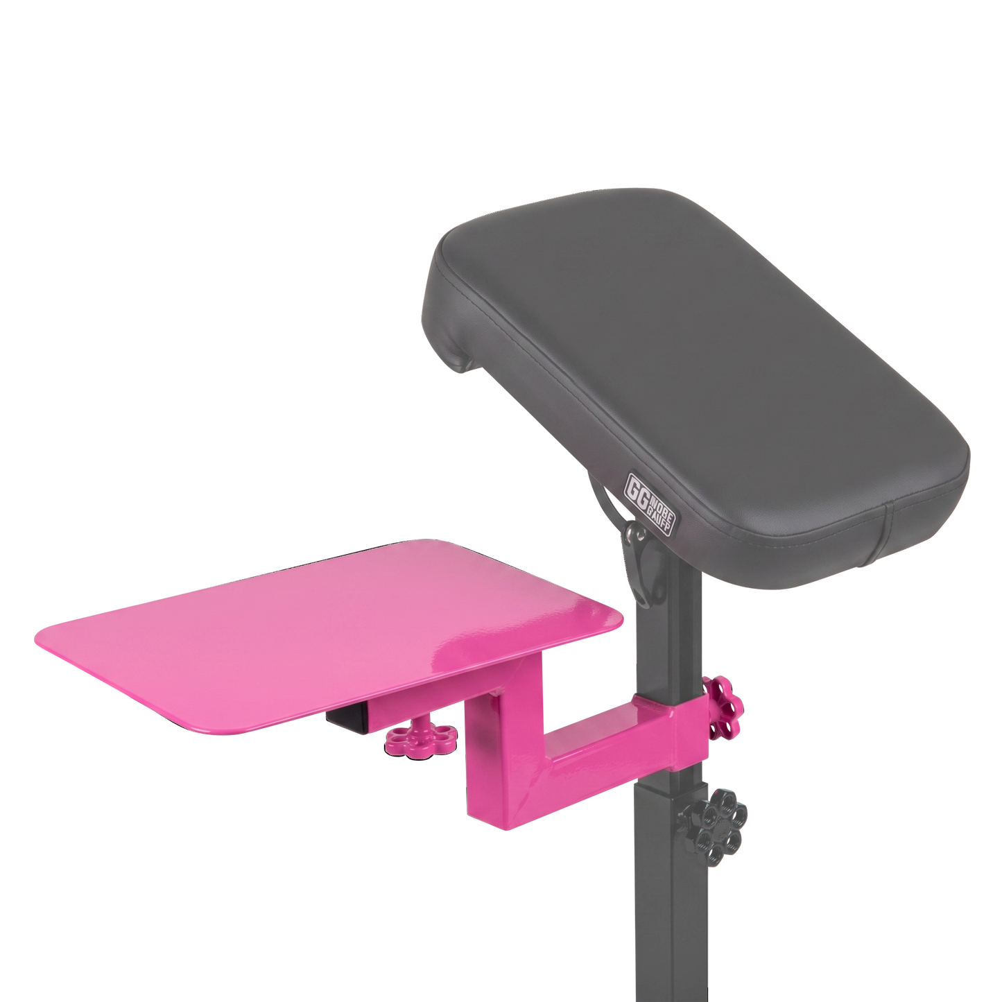 Max Pink bright pink Shelf for Tattoo Armrest by GG Workshop — powder-coated steel tray, bracket and knobs