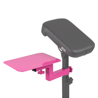 Max Pink bright pink Shelf for Tattoo Armrest by GG Workshop — powder-coated steel tray, bracket and knobs