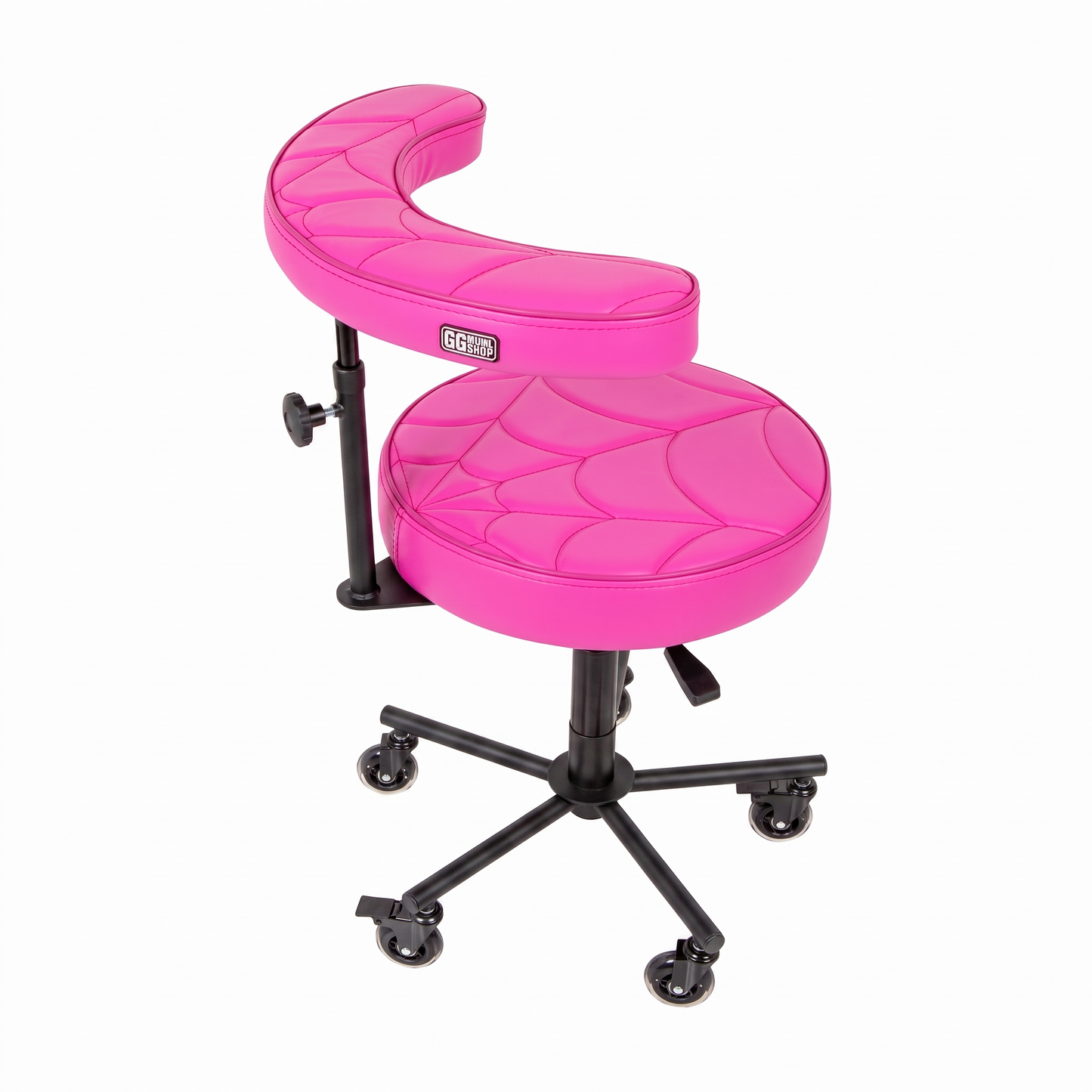 Max Pink Tattoo Artist Chair V3 by GG Workshop — bright pink spider web stitched cushions with black powder-coated frame, side view