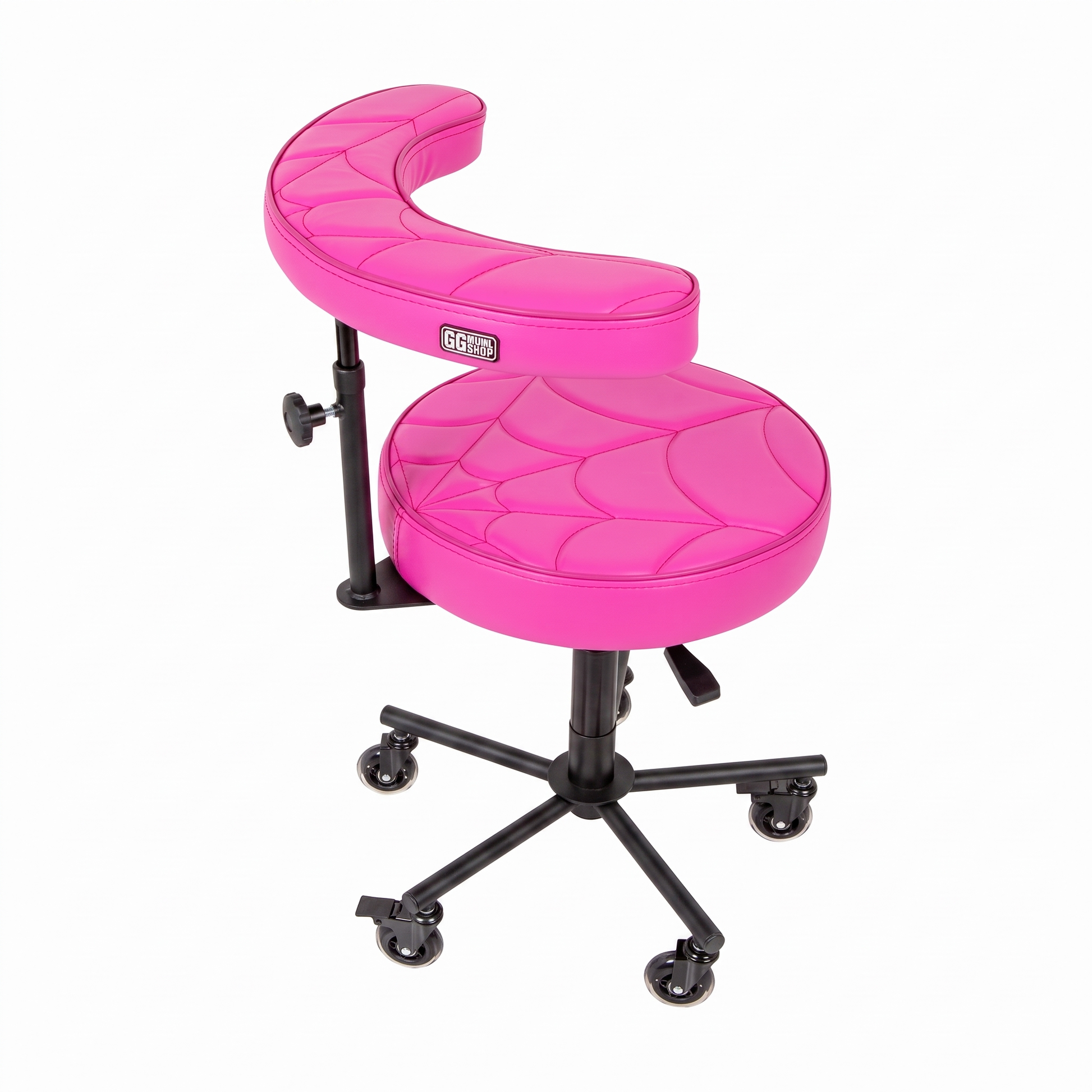 Max Pink Tattoo Artist Chair V3 by GG Workshop — bright pink spider web stitched cushions with black powder-coated frame, side view