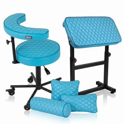 Turquoise GG Workshop bundle — rhombus stitched armrest XXL FAT BOY, artist chair and pillow set, black powder-coated frames