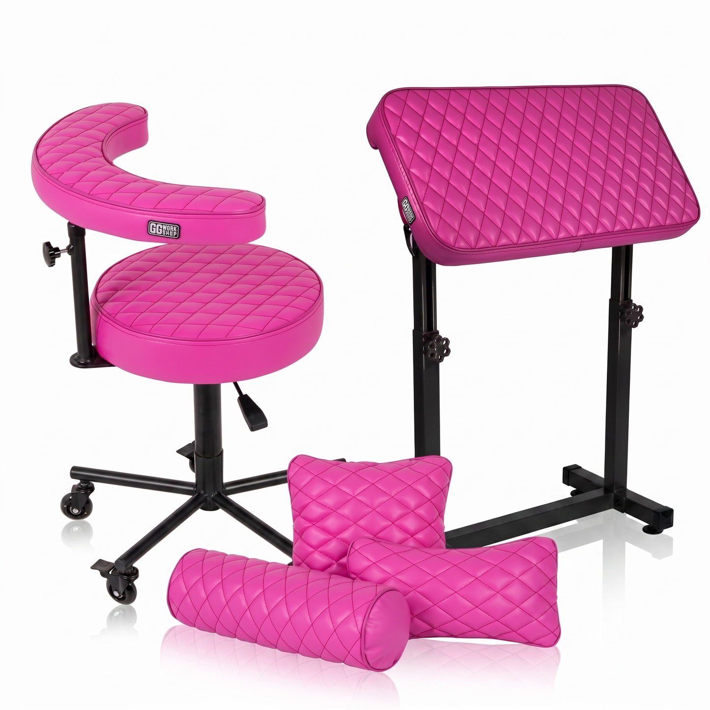 Max Pink GG Workshop bundle — bright pink rhombus stitched armrest XXL FAT BOY, artist chair and pillow set, black powder-coated frames