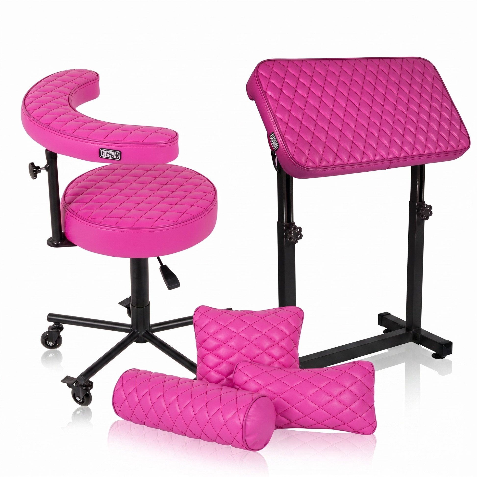 Max Pink GG Workshop bundle — bright pink rhombus stitched armrest XXL FAT BOY, artist chair and pillow set, black powder-coated frames
