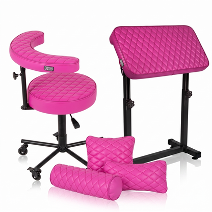 Max Pink GG Workshop bundle — bright pink rhombus stitched armrest XXL FAT BOY, artist chair and pillow set, black powder-coated frames
