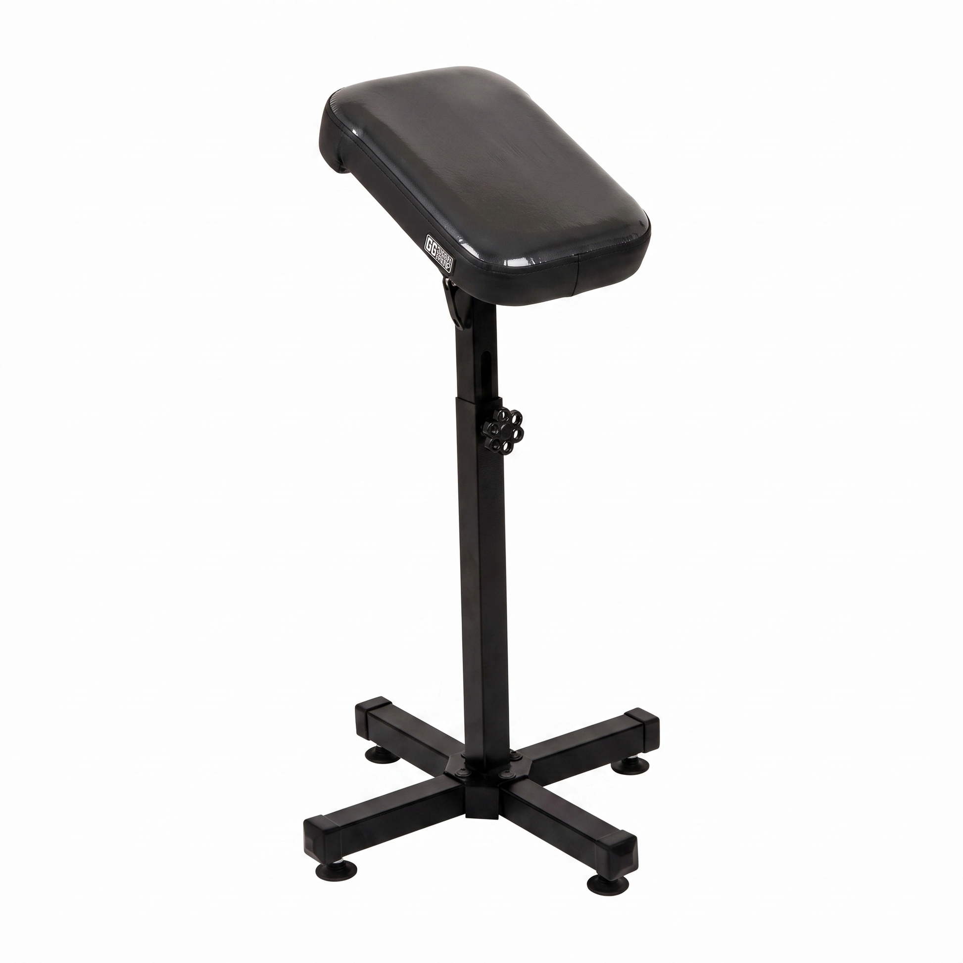 Black Tattoo Armrest L (Light) by GG Workshop — black pillow top in glossy protective film with matte black sides, on black cross-base stand