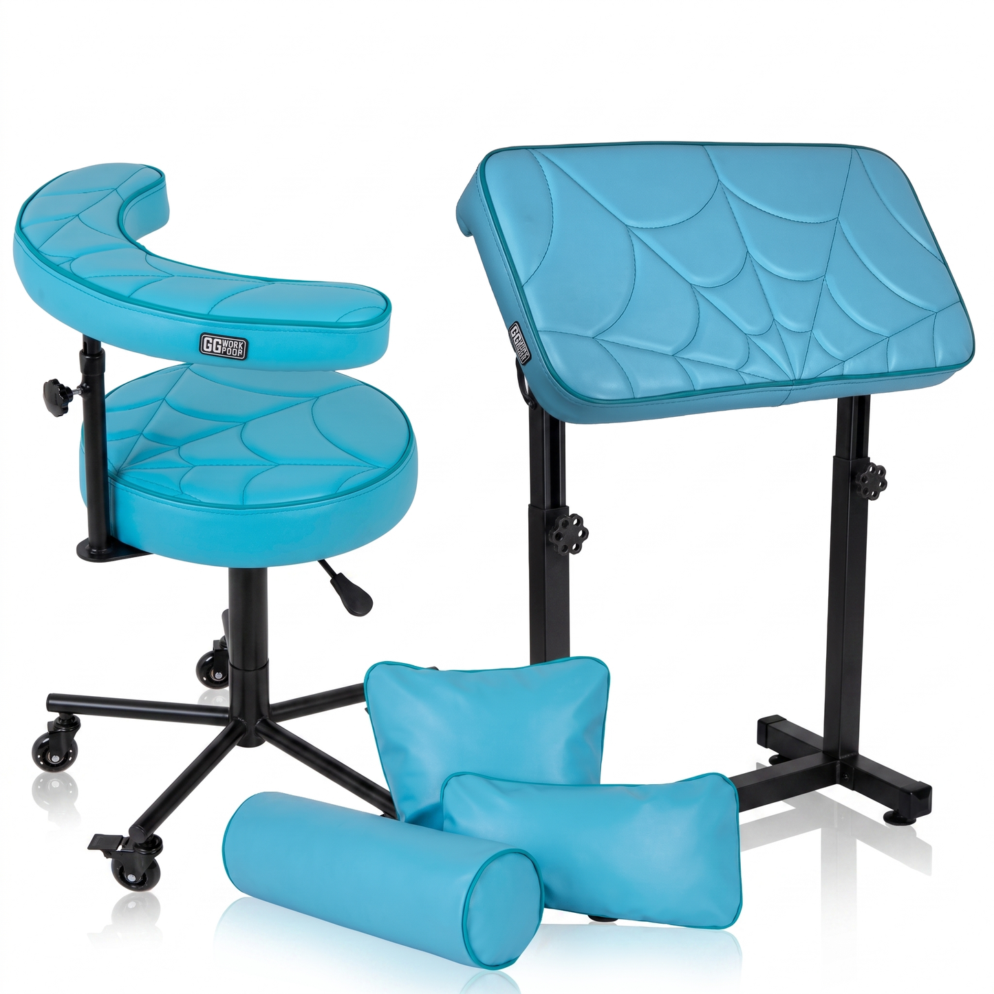 Turquoise GG Workshop bundle — spider web stitched armrest XXL FAT BOY, artist chair and pillow set, black powder-coated frames