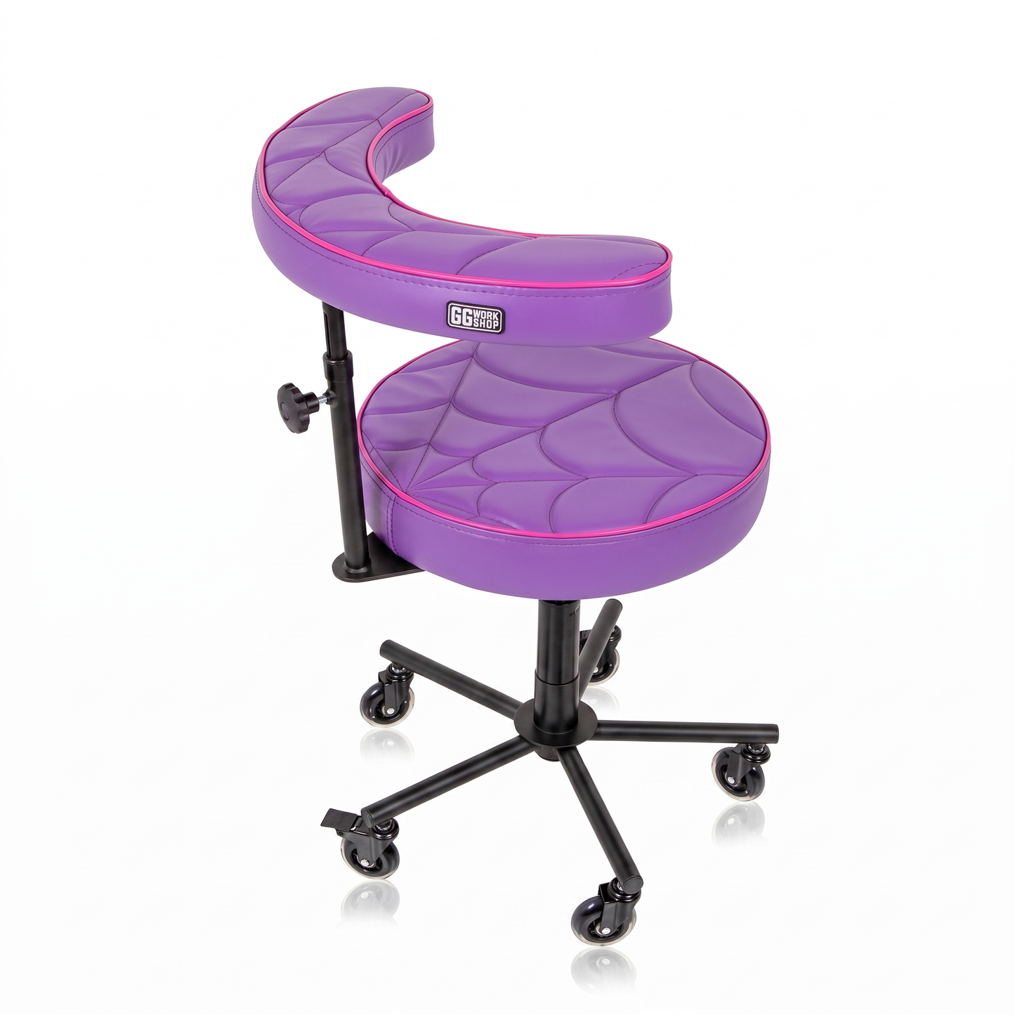 Purple pink Tattoo Artist Chair V3 by GG Workshop — violet spider web cushions with pink piping and black powder-coated frame, side view