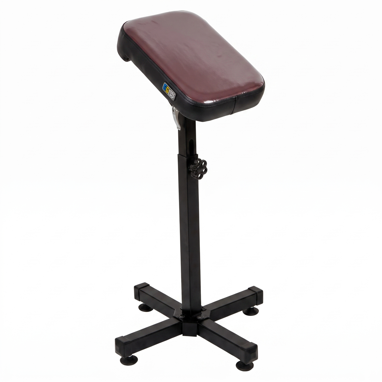 Black-Burgundy Tattoo Armrest L (Light) by GG Workshop — burgundy pillow top in protective film with black sides, on black cross-base stand