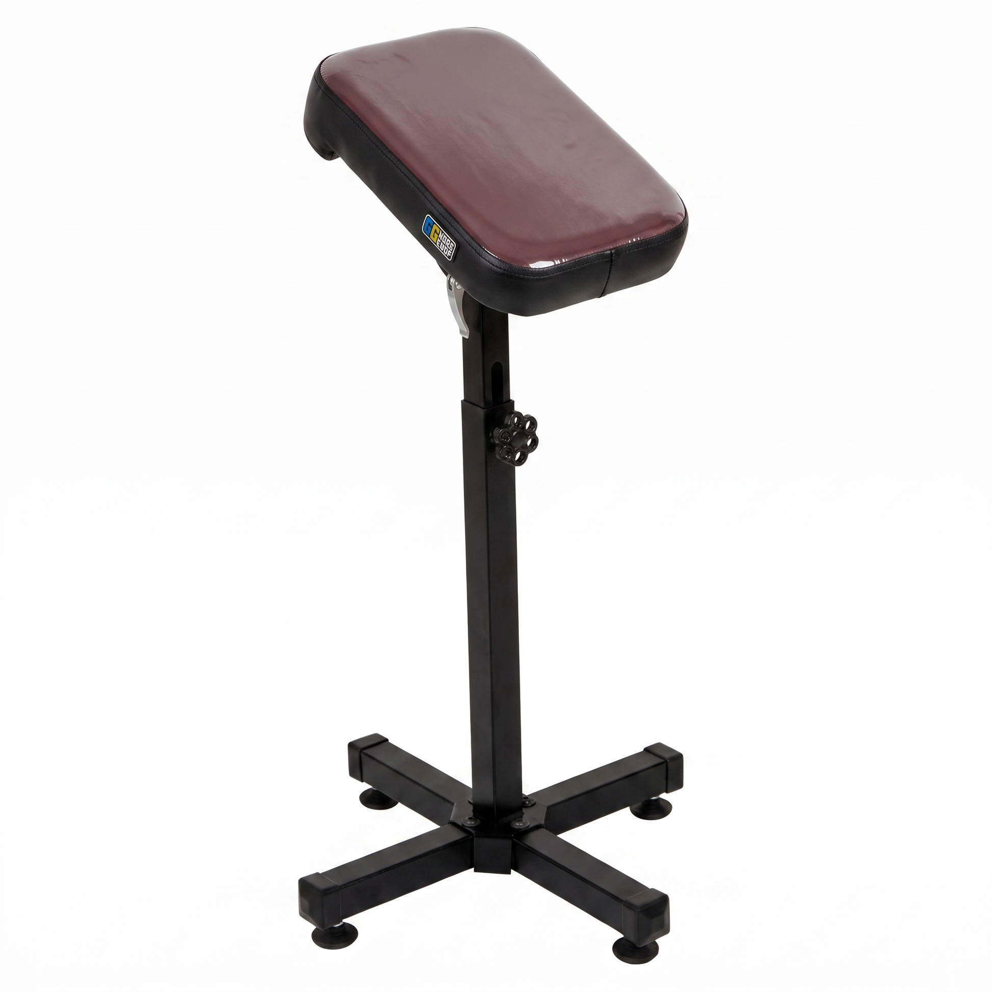 Black-Burgundy Tattoo Armrest L (Light) by GG Workshop — burgundy pillow top in protective film with black sides, on black cross-base stand