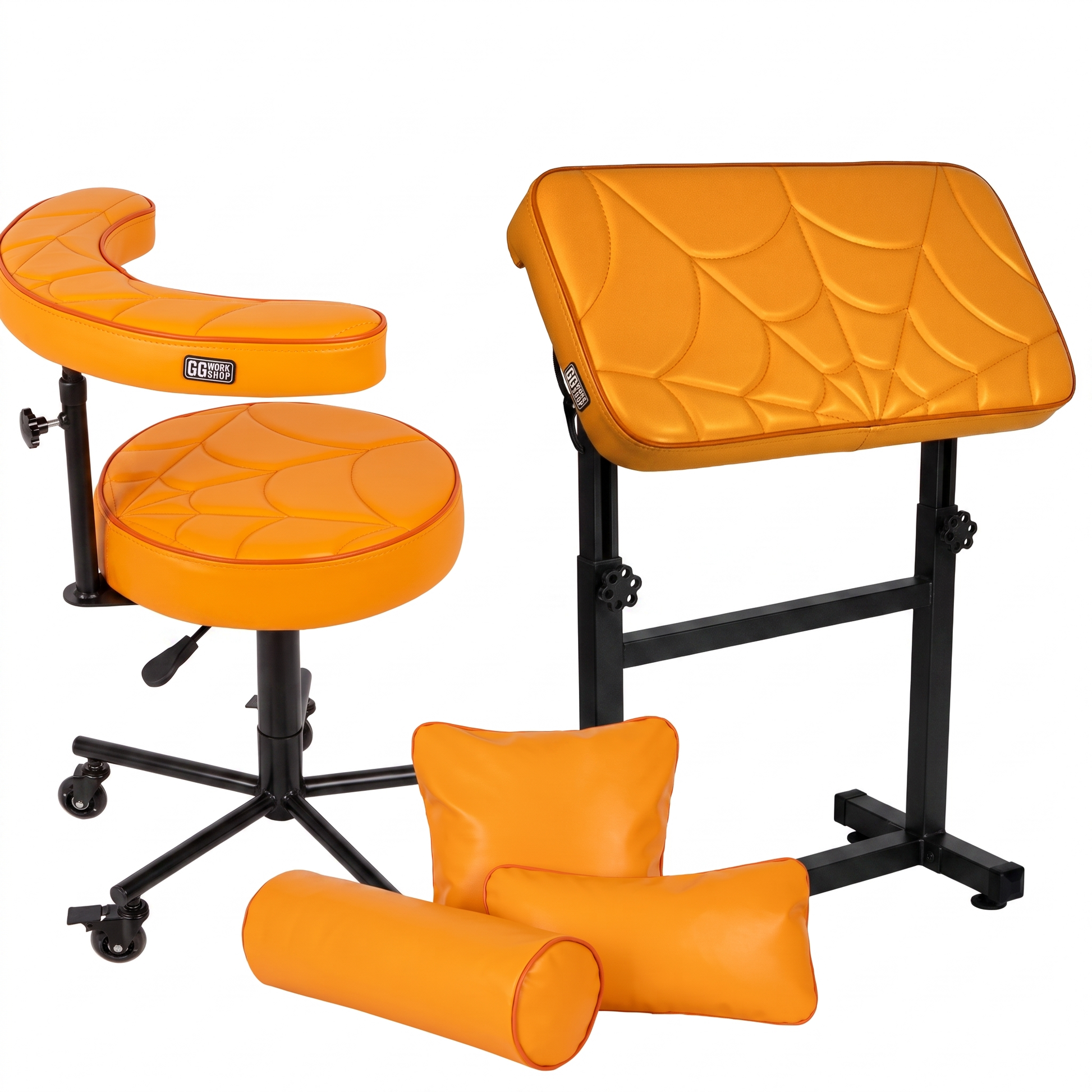 Orange GG Workshop bundle — spider web stitched armrest XXL FAT BOY, artist chair and pillow set, black powder-coated frames