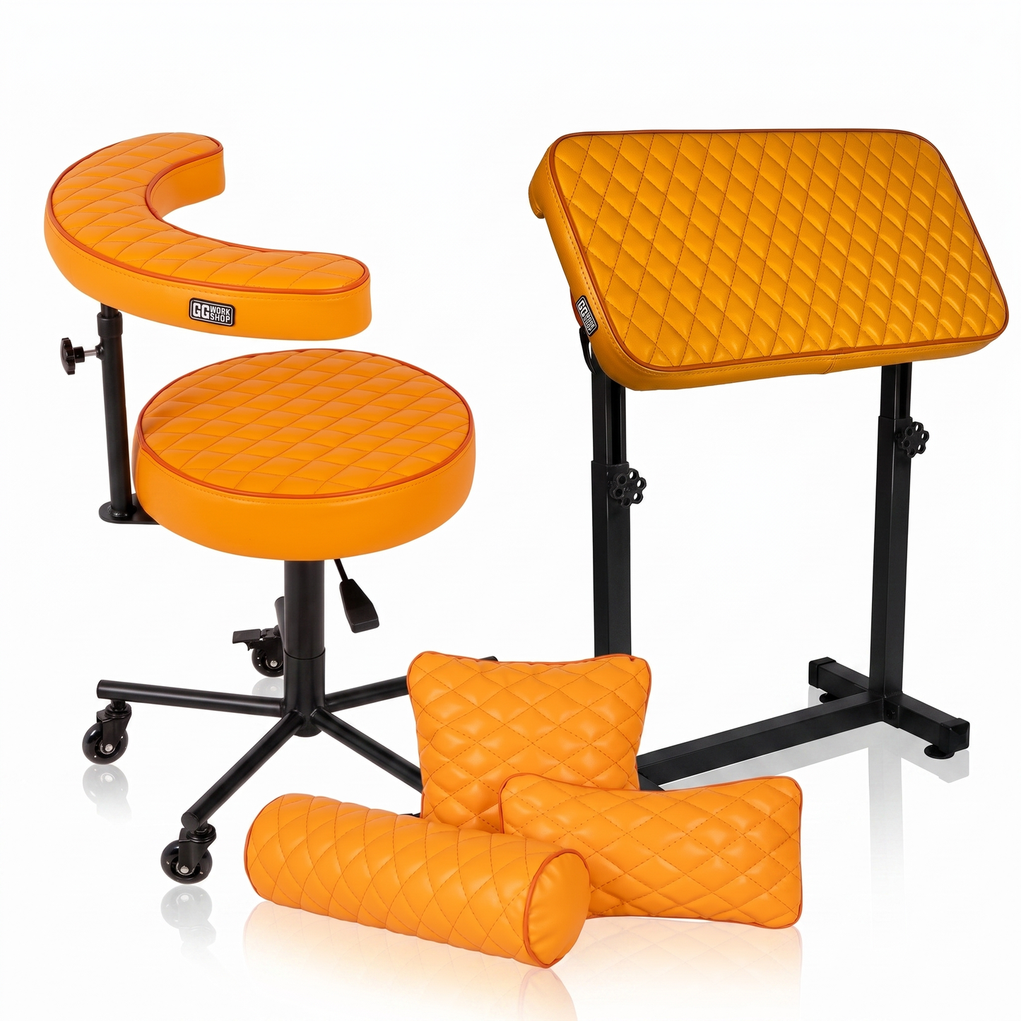 Orange GG Workshop bundle — rhombus stitched armrest XXL FAT BOY, artist chair and pillow set, black powder-coated frames