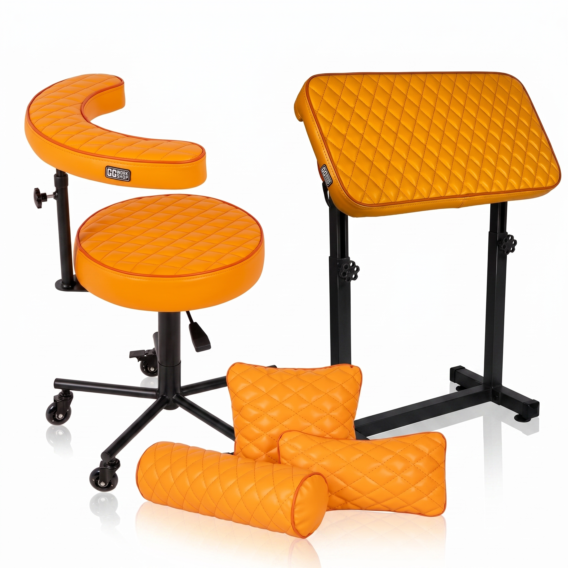 Orange GG Workshop bundle — rhombus stitched armrest XXL FAT BOY, artist chair and pillow set, black powder-coated frames