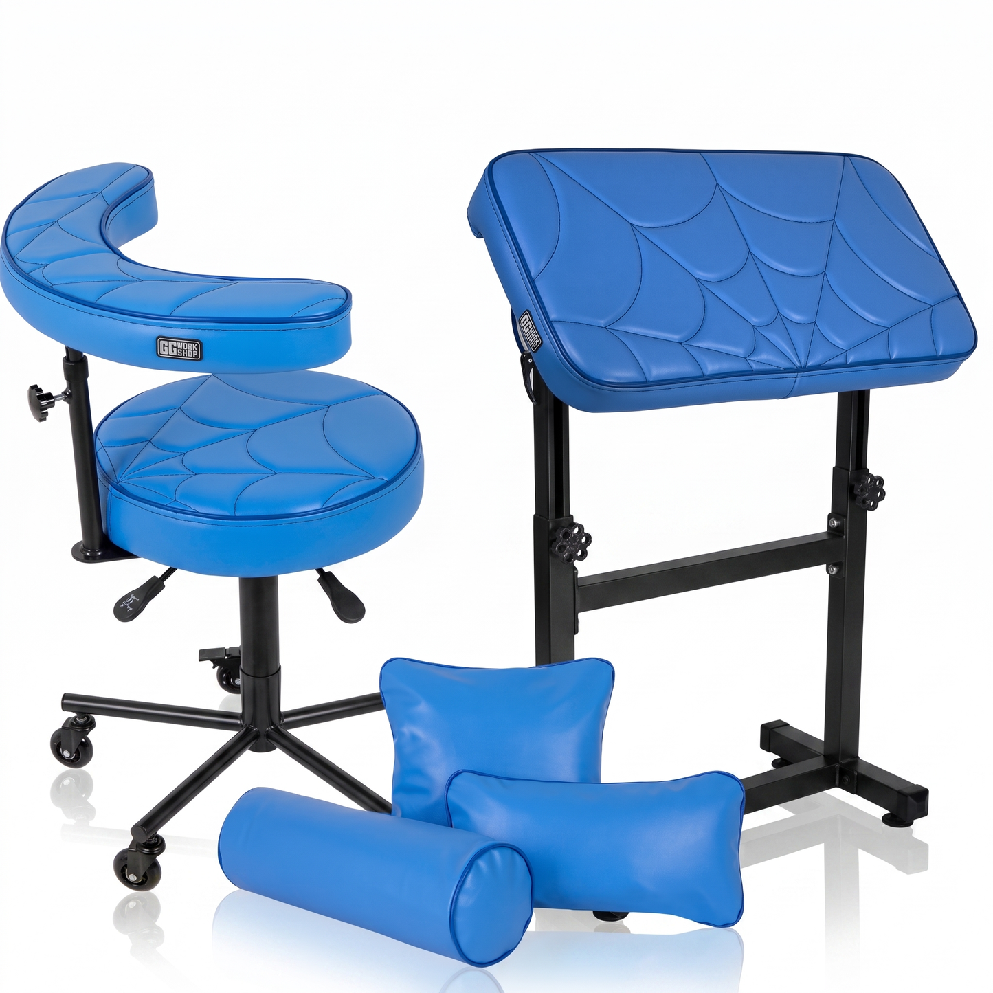 Wave blue GG Workshop bundle — spider web stitched armrest XXL FAT BOY, artist chair and pillow set, black powder-coated frames