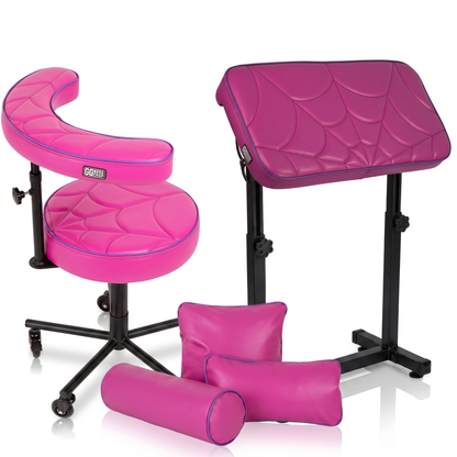 Pink purple GG Workshop bundle — magenta spider web cushions with purple piping, armrest XXL FAT BOY, chair and pillow set, black powder-coated frames