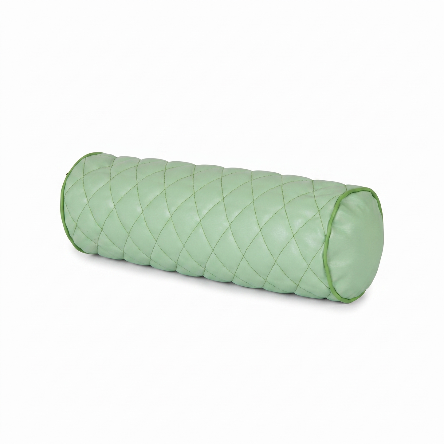 Pistachio green Tattoo roller / bolster pillow with rhombus embroidery by GG Workshop — diamond-quilted, isolated on white background