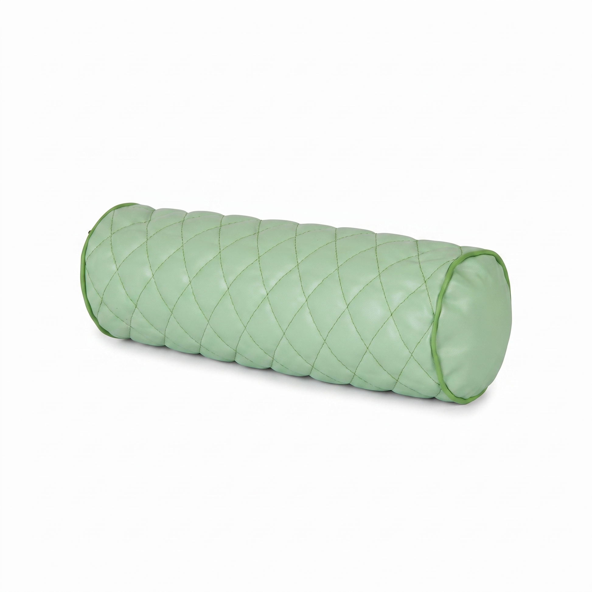 Pistachio green Tattoo roller / bolster pillow with rhombus embroidery by GG Workshop — diamond-quilted, isolated on white background