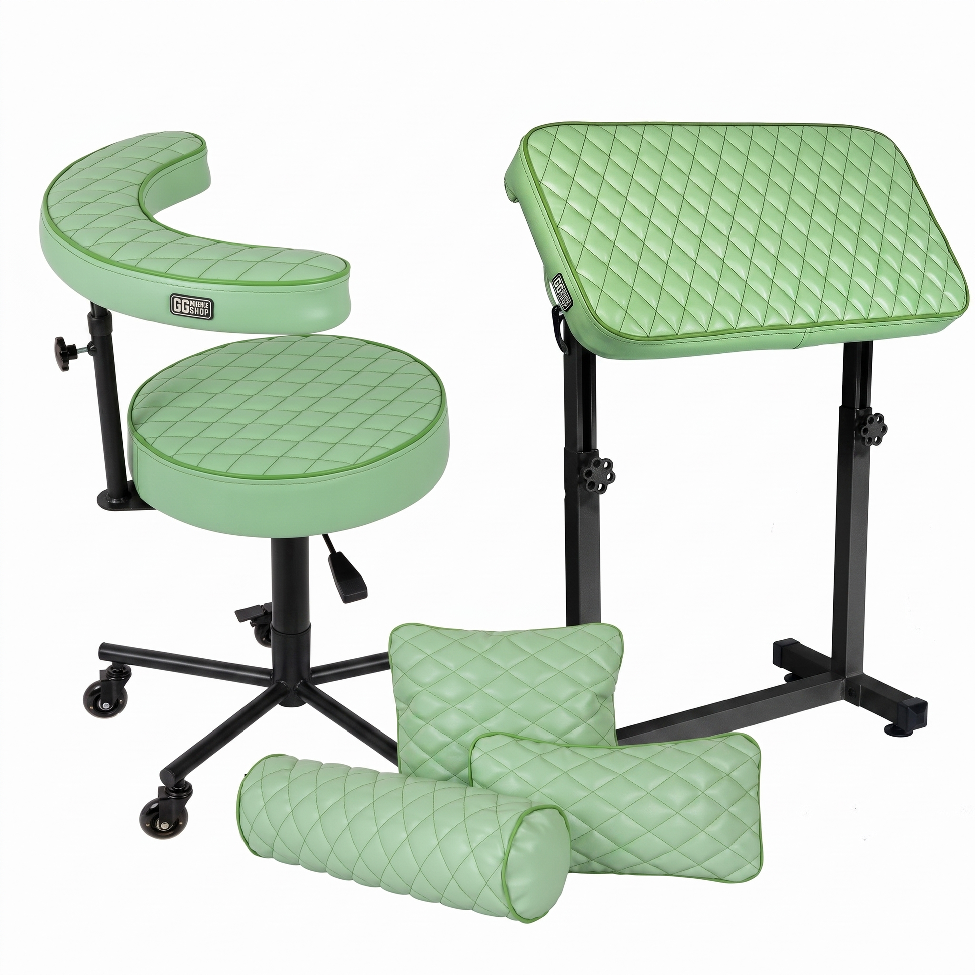 Pistachio green GG Workshop bundle — rhombus stitched armrest XXL FAT BOY, artist chair and pillow set, black powder-coated frames