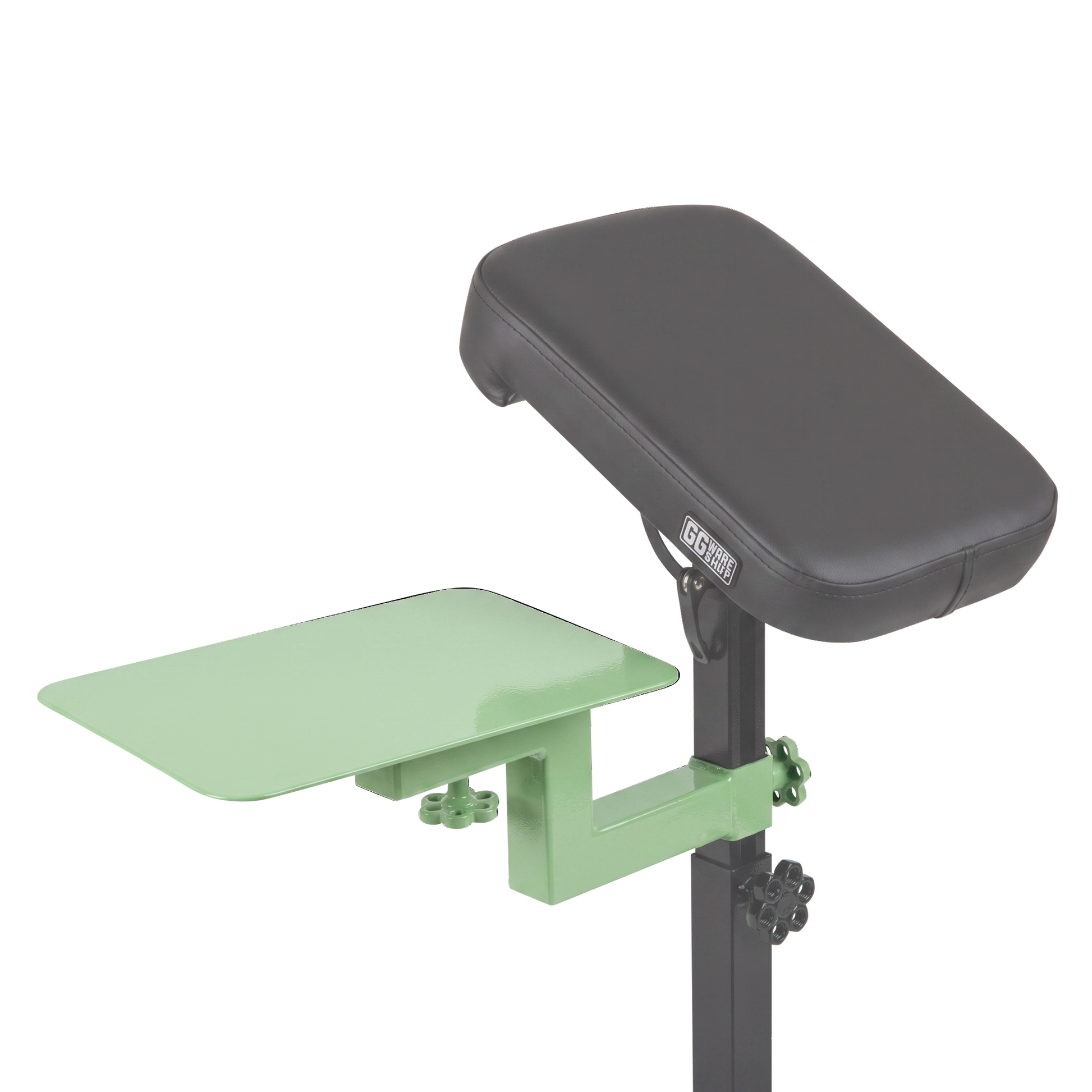 Pistachio green Shelf for Tattoo Armrest by GG Workshop — powder-coated steel tray, bracket and knobs