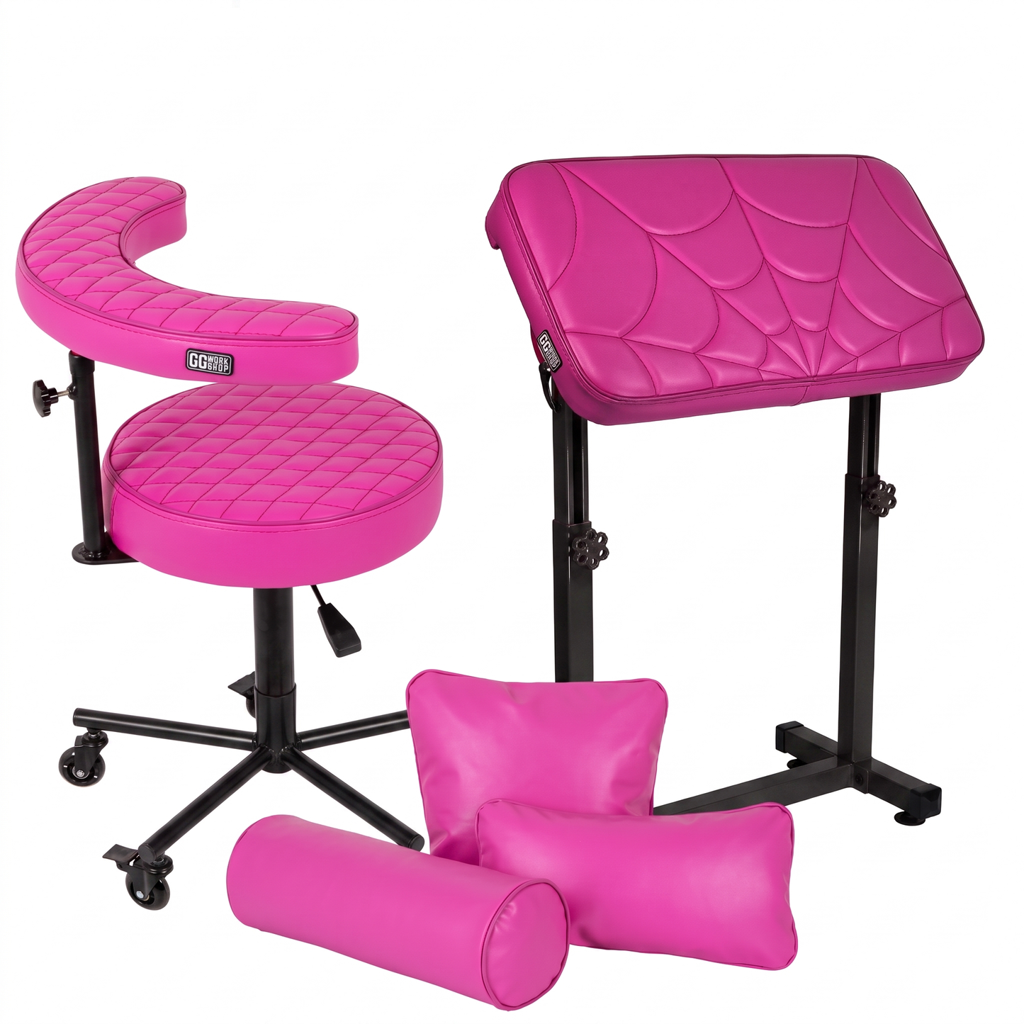 Max Pink GG Workshop bundle — bright pink spider web stitched armrest XXL FAT BOY, artist chair and pillow set, black powder-coated frames