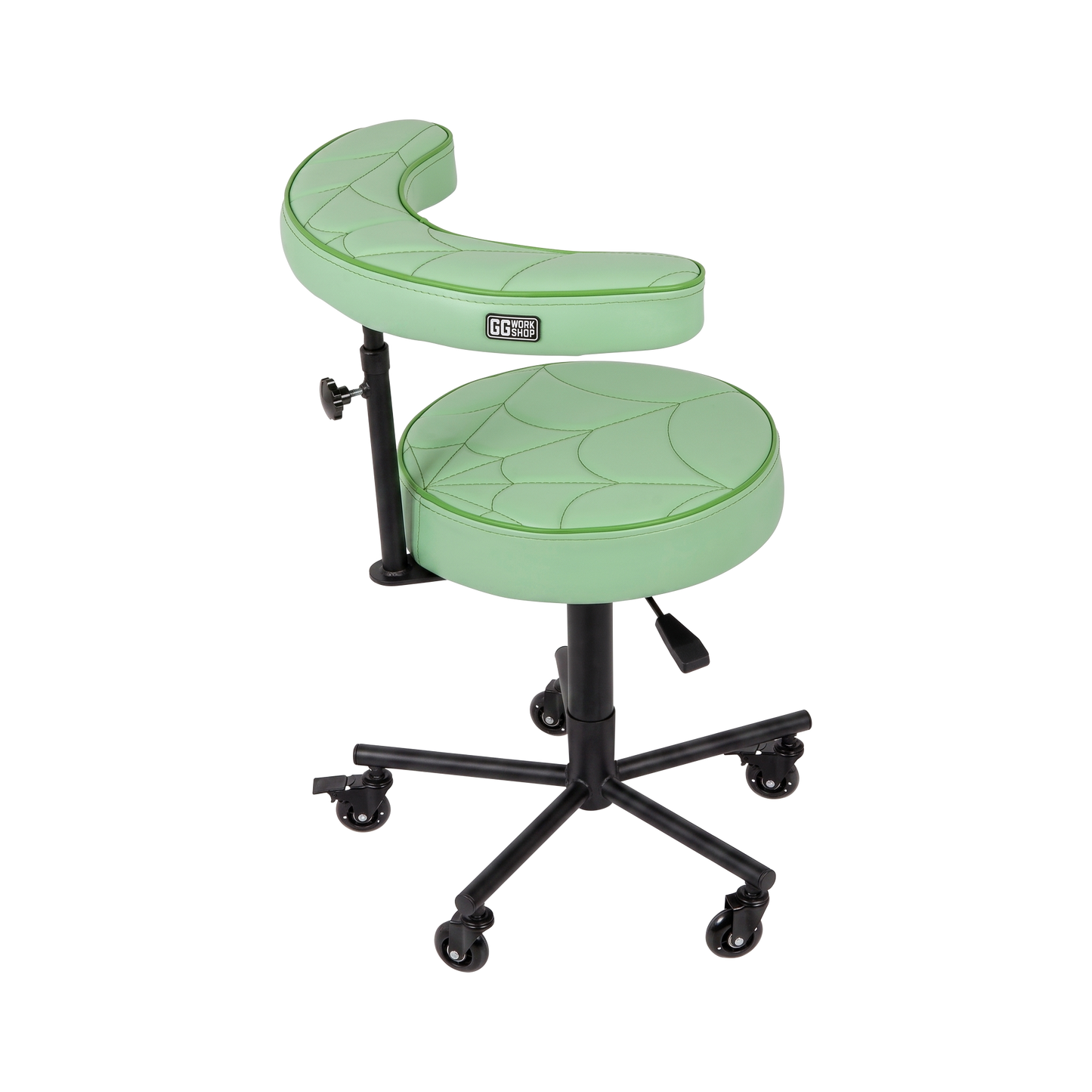 Pistachio green Tattoo Artist Chair V3 by GG Workshop — spider web stitched cushions with black powder-coated frame, side view