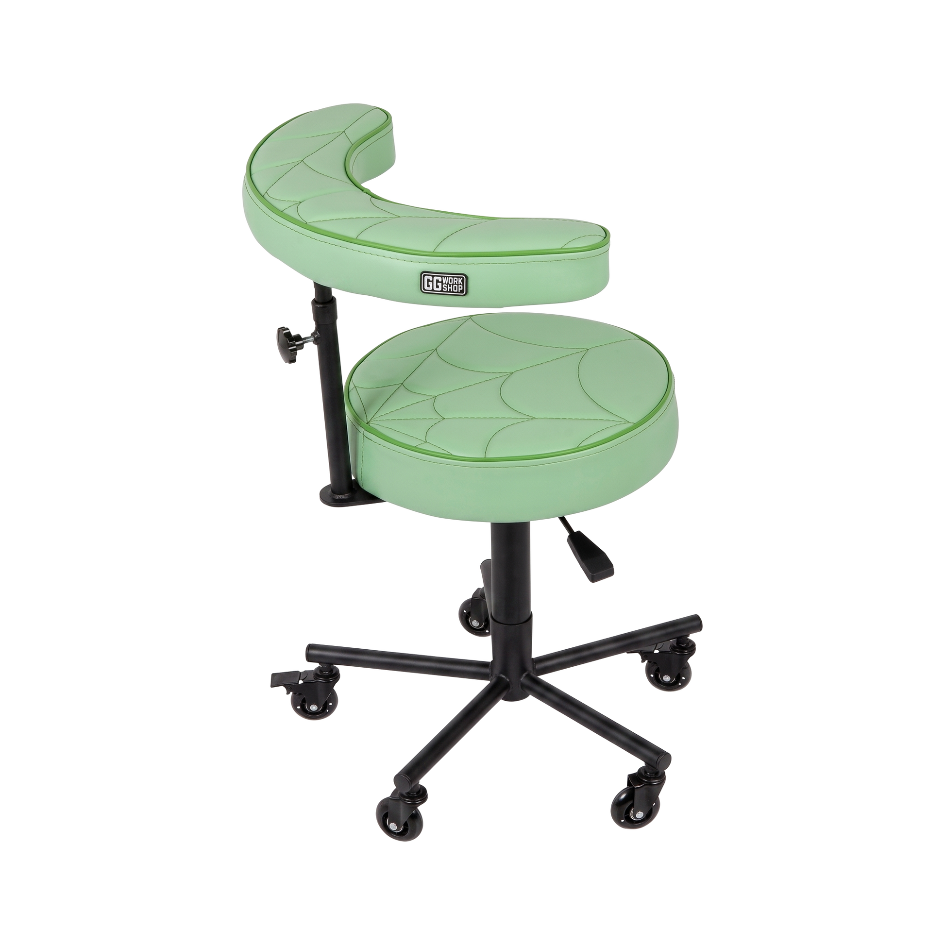 Pistachio green Tattoo Artist Chair V3 by GG Workshop — spider web stitched cushions with black powder-coated frame, side view