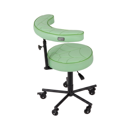 Pistachio green Tattoo Artist Chair V3 by GG Workshop — spider web stitched cushions with black powder-coated frame, side view
