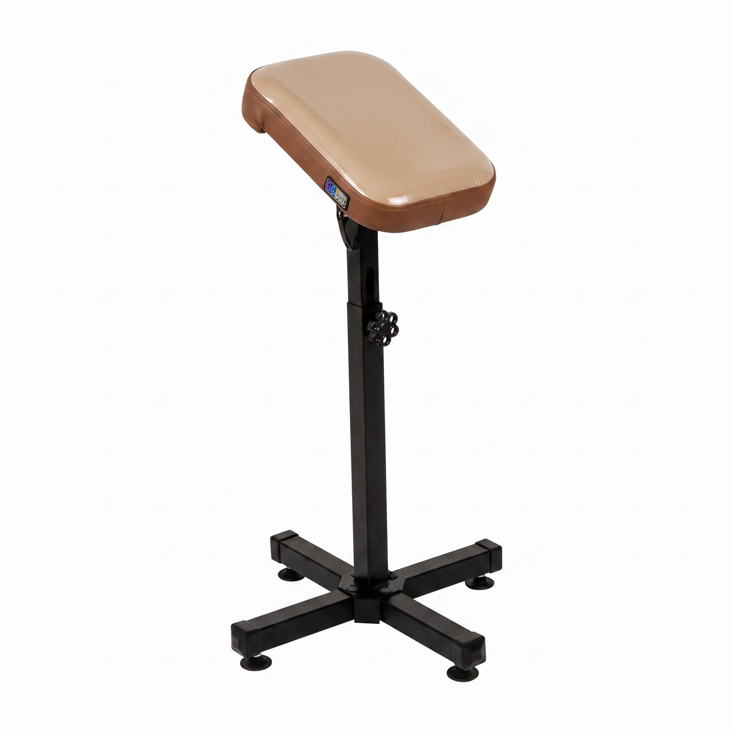 Brown-Beige Tattoo Armrest L (Light) by GG Workshop — beige pillow top in protective film with brown sides, on black cross-base stand