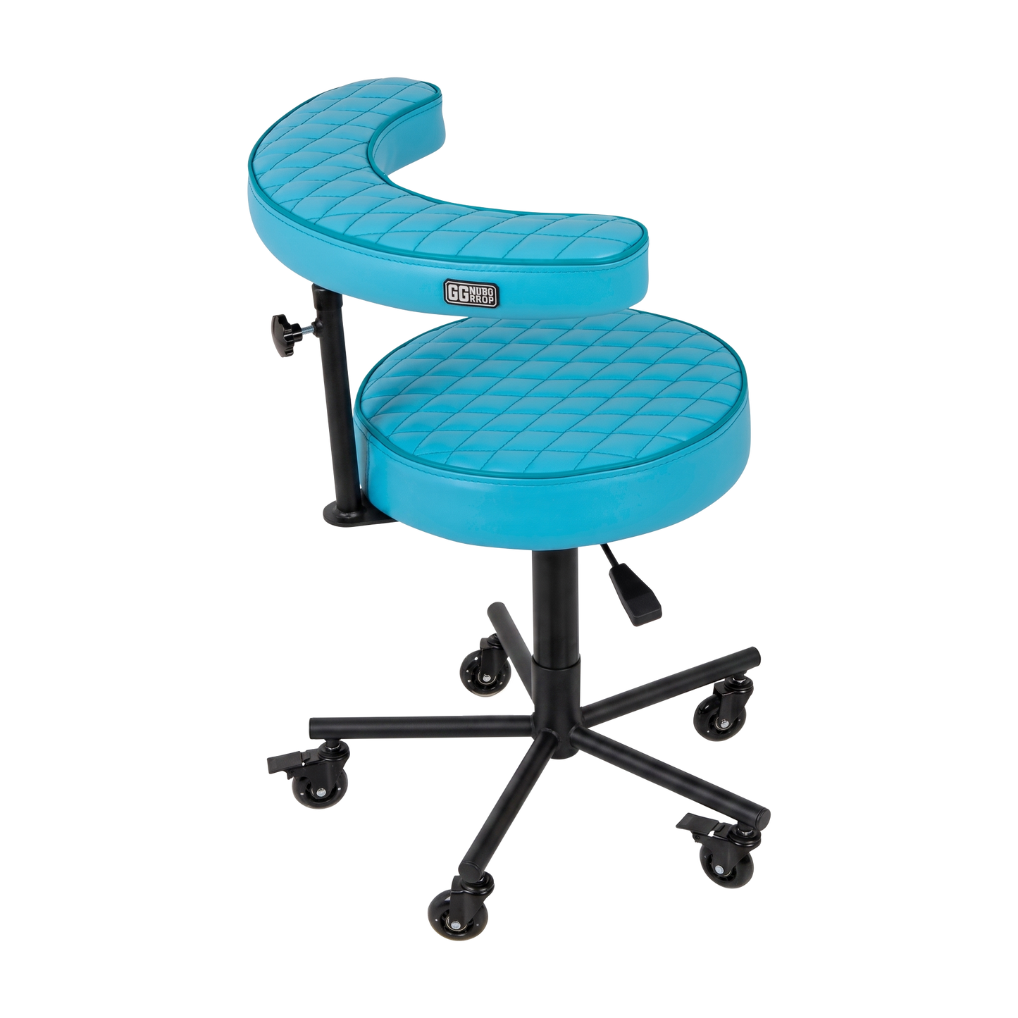 Turquoise Tattoo Artist Chair V3 by GG Workshop — rhombus stitched cushions with black powder-coated frame, side view