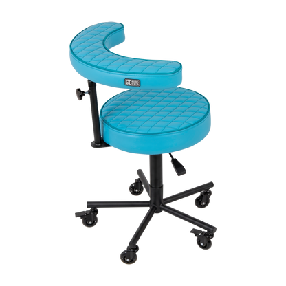 Turquoise Tattoo Artist Chair V3 by GG Workshop — rhombus stitched cushions with black powder-coated frame, side view