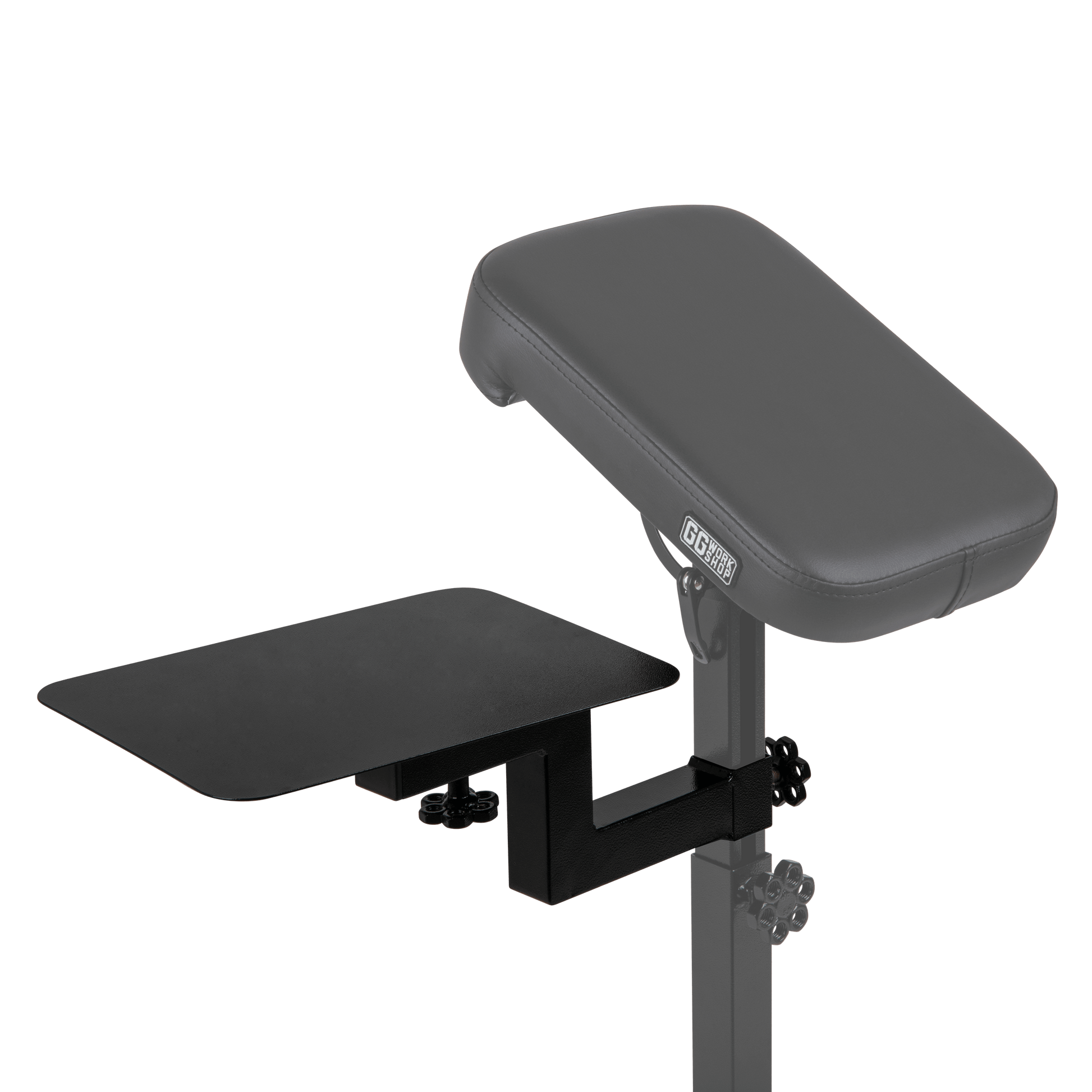 Adjustable vinyl tattoo armrest and arm rest for tattoo sessions with attached tattoo pillow and tray.