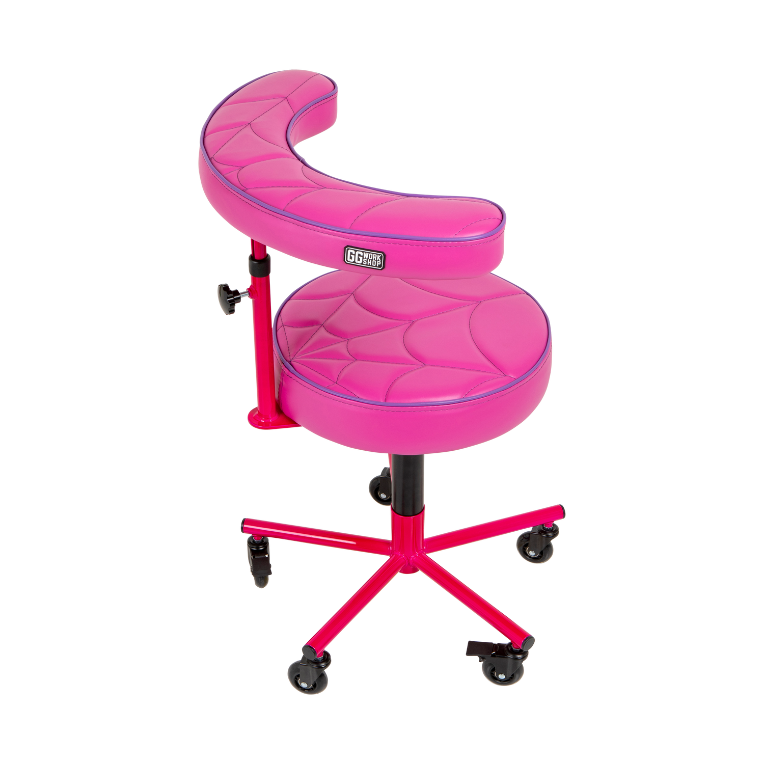 Max Pink Tattoo Artist Chair V3 by GG Workshop — spider web stitching, purple piping, rear three-quarter view