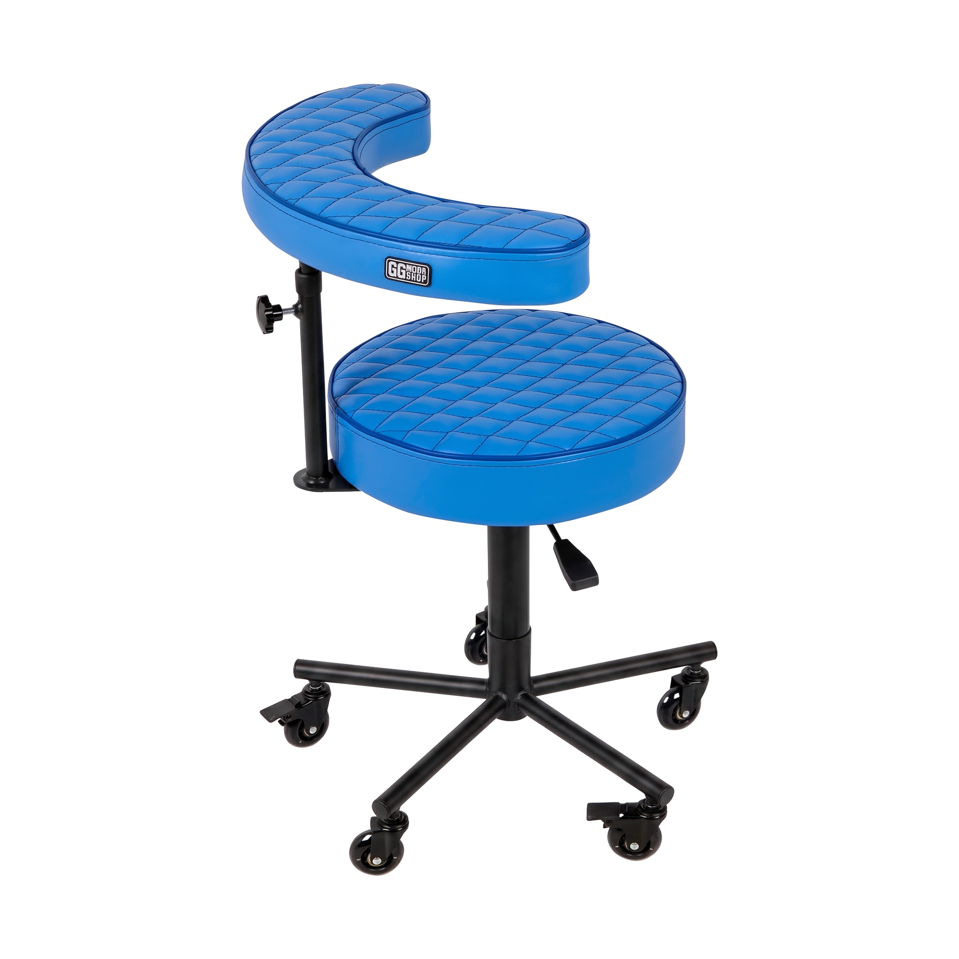 Wave blue Tattoo Artist Chair V3 by GG Workshop — rhombus stitched cushions with black powder-coated frame, side view