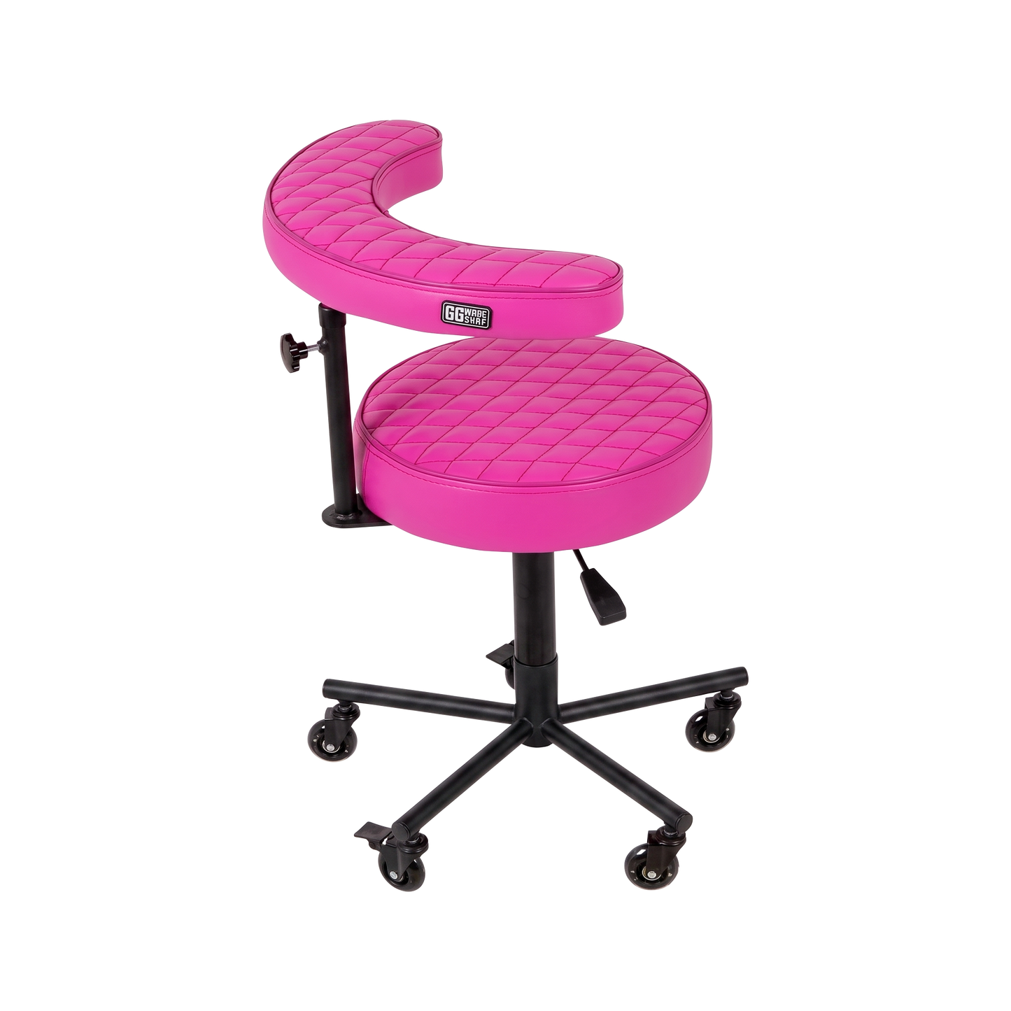 Max Pink Tattoo Artist Chair V3 by GG Workshop — bright pink rhombus stitched cushions with black powder-coated frame, side view