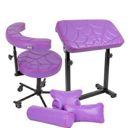 Purple pink GG Workshop bundle — violet spider web cushions with pink piping, armrest XXL FAT BOY, chair and pillow set, black powder-coated frames
