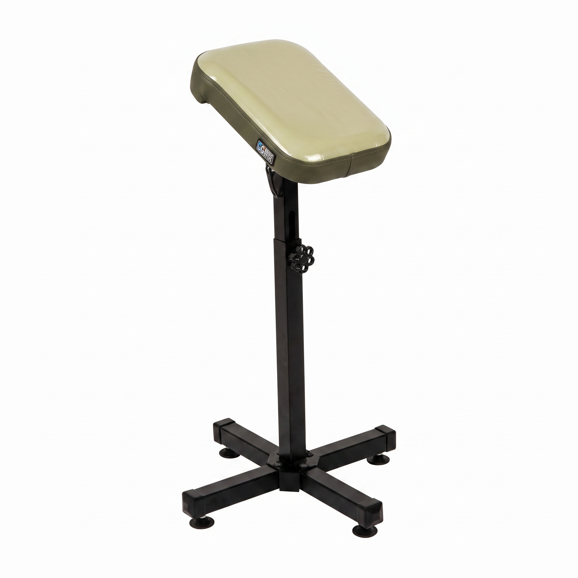 Green-Olive Tattoo Armrest L (Light) by GG Workshop — olive pillow top in protective film with dark olive sides, on black cross-base stand