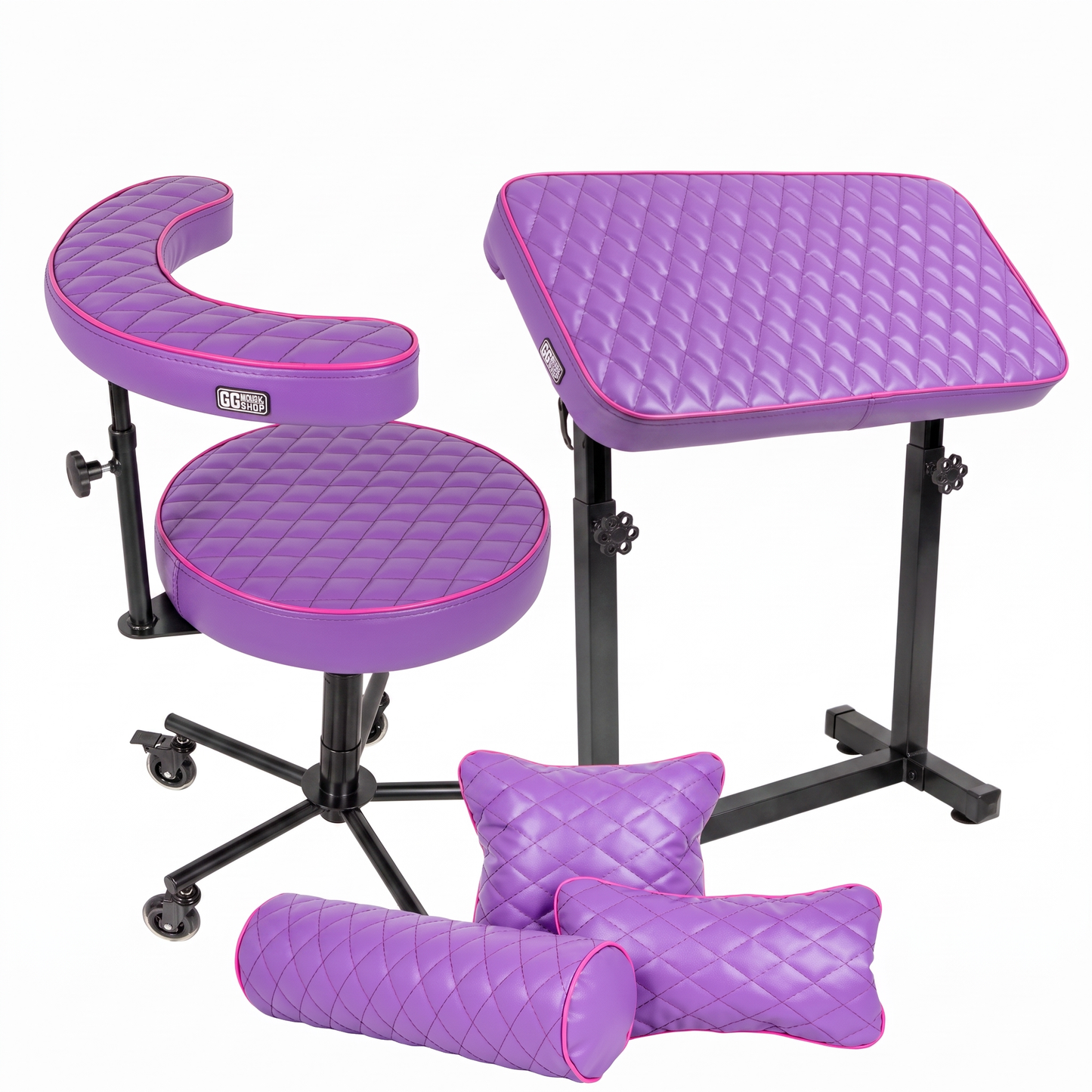 Purple pink GG Workshop bundle — violet rhombus cushions with pink piping, armrest XXL FAT BOY, chair and pillow set, black powder-coated frames