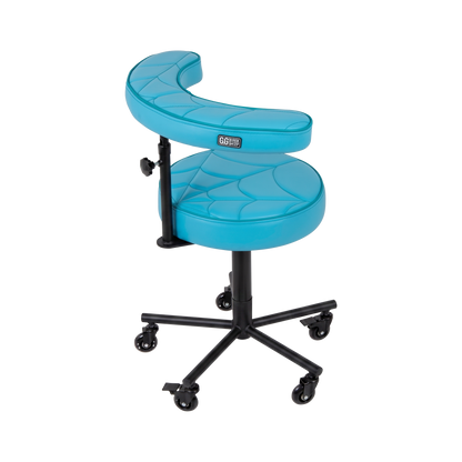 Turquoise Tattoo Artist Chair V3 by GG Workshop — spider web stitched cushions with black powder-coated frame, side view
