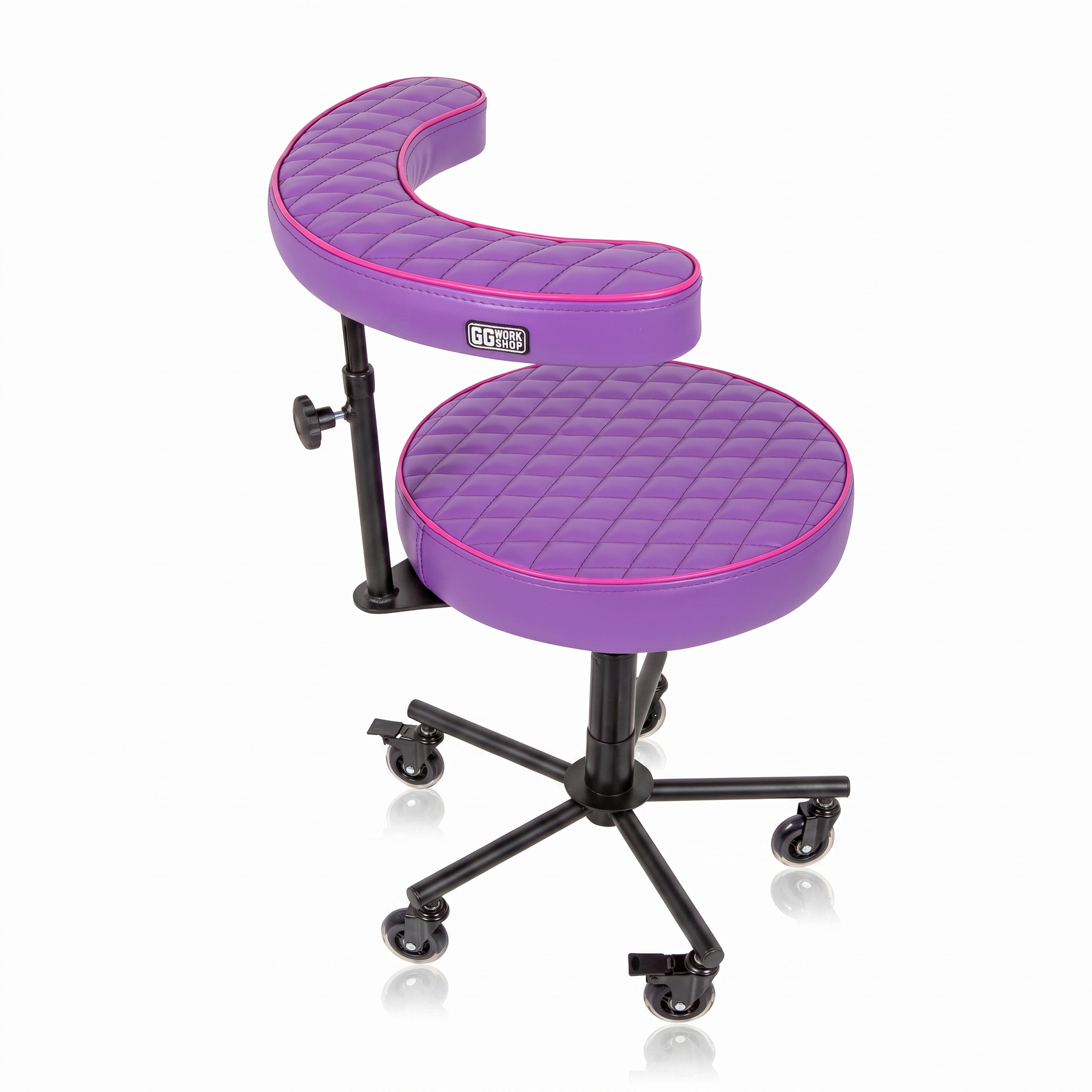 Purple pink Tattoo Artist Chair V3 by GG Workshop — violet rhombus cushions with pink piping and black powder-coated frame, side view