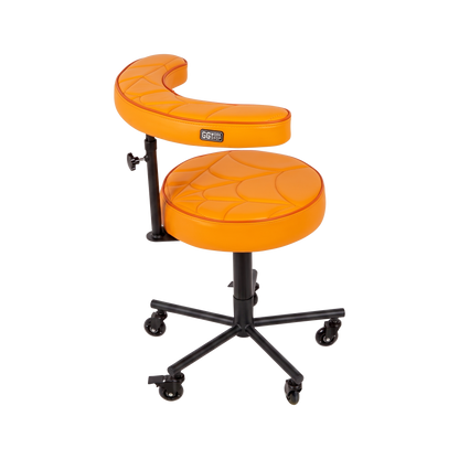 Orange Tattoo Artist Chair V3 by GG Workshop — spider web stitched cushions with black powder-coated frame, side view