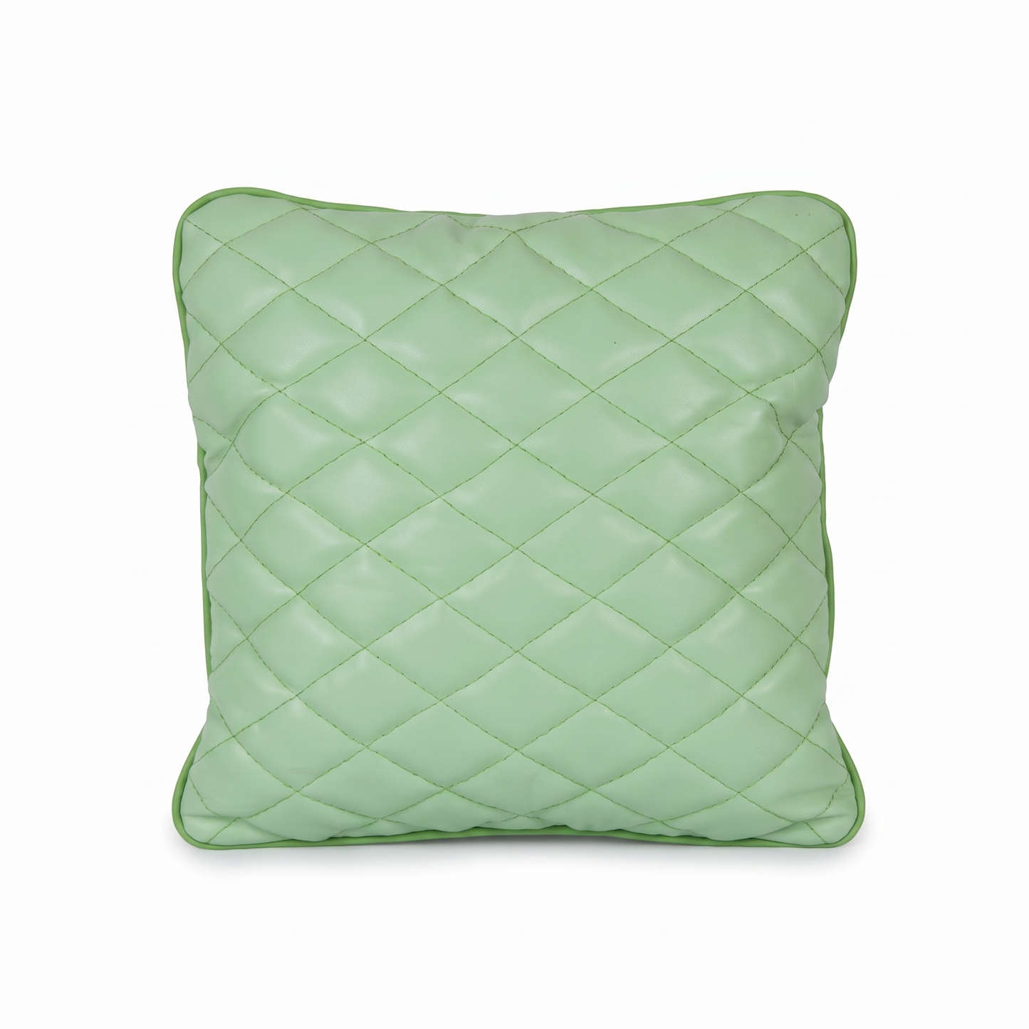 Pistachio green Tattoo XL square pillow with rhombus embroidery by GG Workshop — diamond-quilted, isolated on white background
